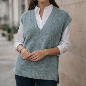 J Jill Womens Sweater Vest Petite XL Blue Spruce V Neck Knit Sleeveless NWT
